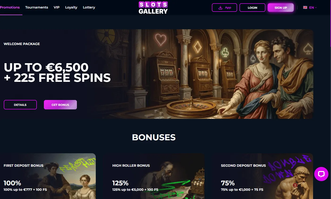 Slots Gallery Casino desktop promotions area with bonus and Free Spins offers