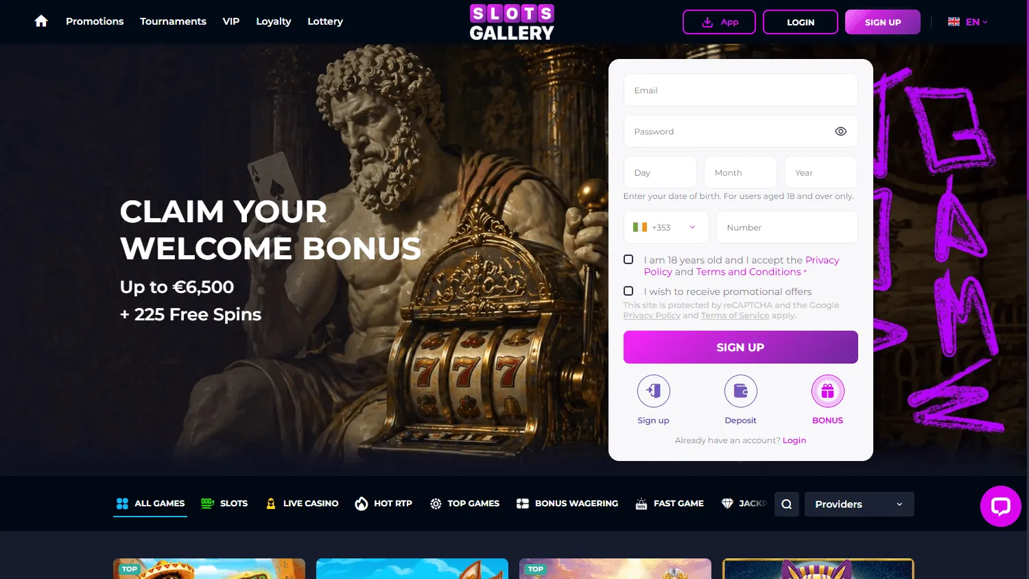 Slots Gallery Casino desktop game selection with pokies and casino categories