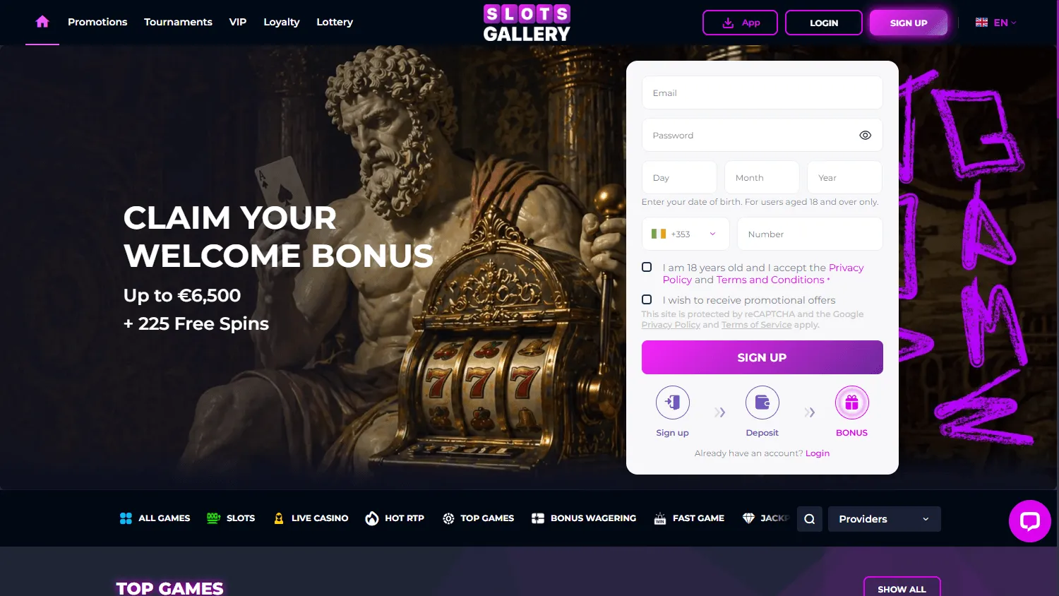 Slots Gallery Casino desktop games area with casino titles for Australian players